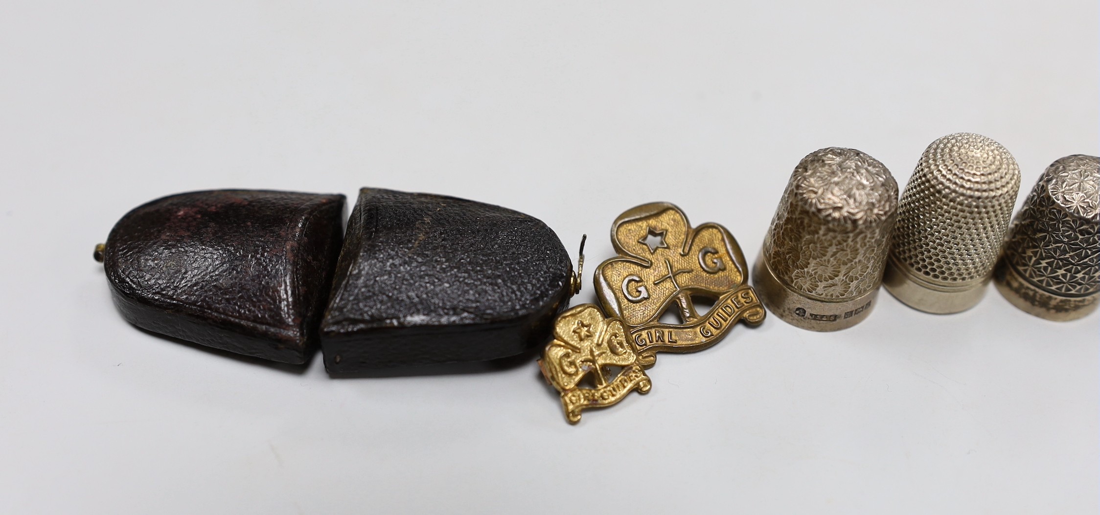 Eight assorted silver thimbles, including one in fitted leather case and two other items, etc.